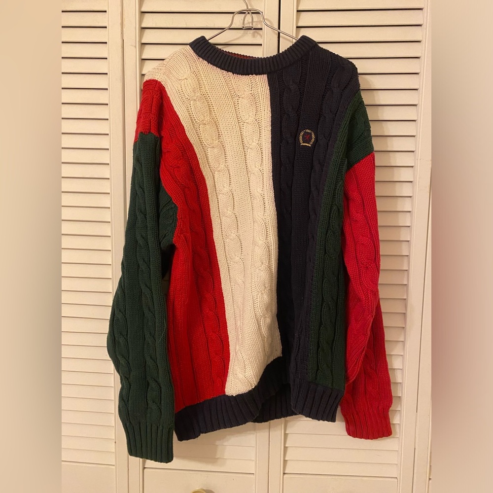 VTG Tommy Hilfiger Sweater Mens Large Colorblock Cable Knit Crest Rugby Preppy